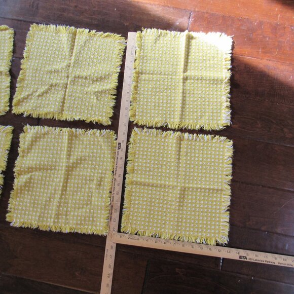 Cloth Fabric Napkins Set of 8 10 inches Yellow White Checker Fringe Vintage Good - Picture 6 of 13